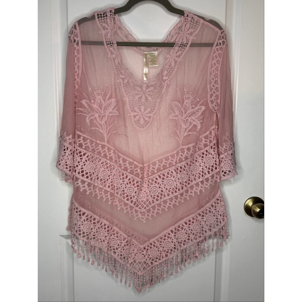 Forgotten Grace Sz L Pink BOHO Lace Crochet Trim Fringe Hem Tunic Coverup | EUC
